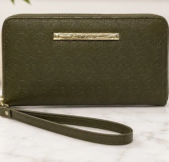 Betsey Johnson Army Green Skull Embossed Zip Around Wristlet Wallet NWT
