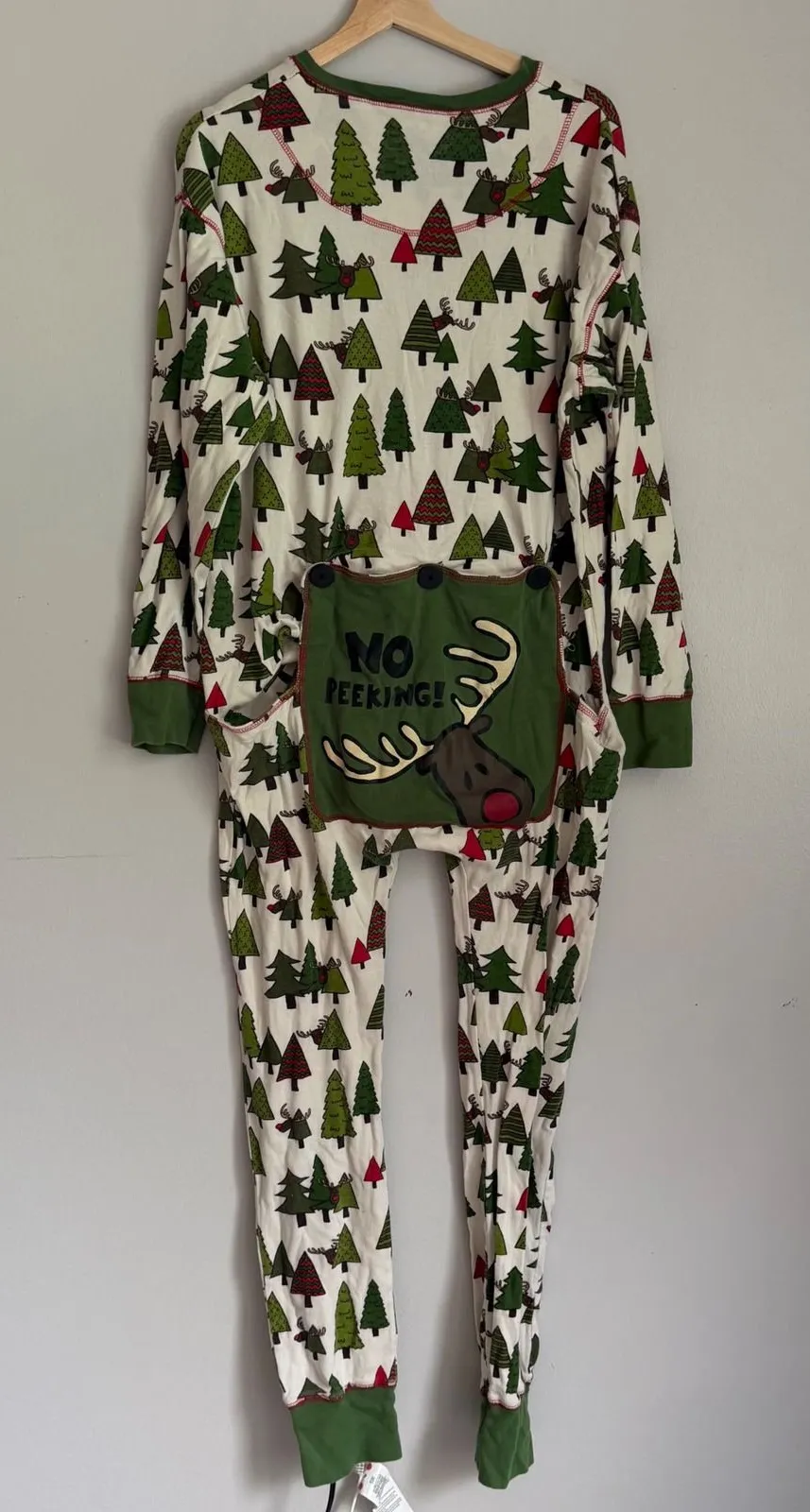Lazy One No Peeking Reindeer Christmas Tree Union Suit Pajamas Mens Large Green