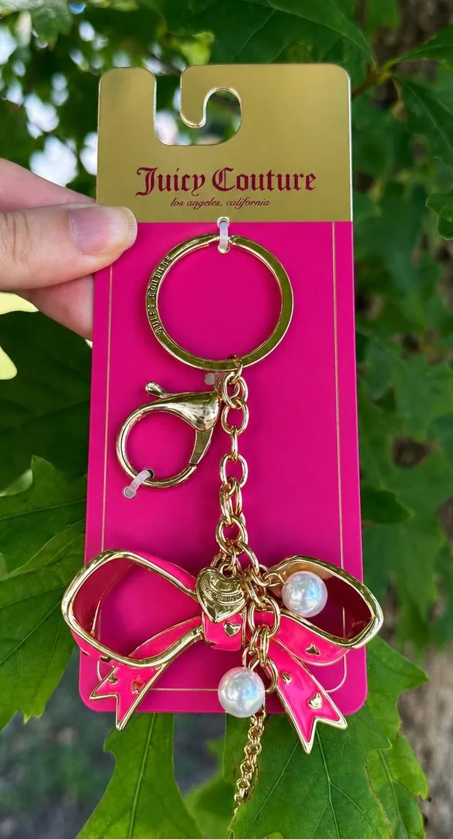 Juicy Couture Pink Bow Pearl Gold Tone Keychain Bag Charm NWT Y2K Cute