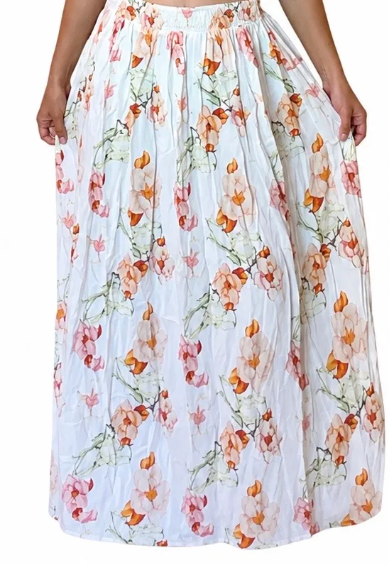 White Floral Maxi Skirt with Peach & Pink Blooms Size XS