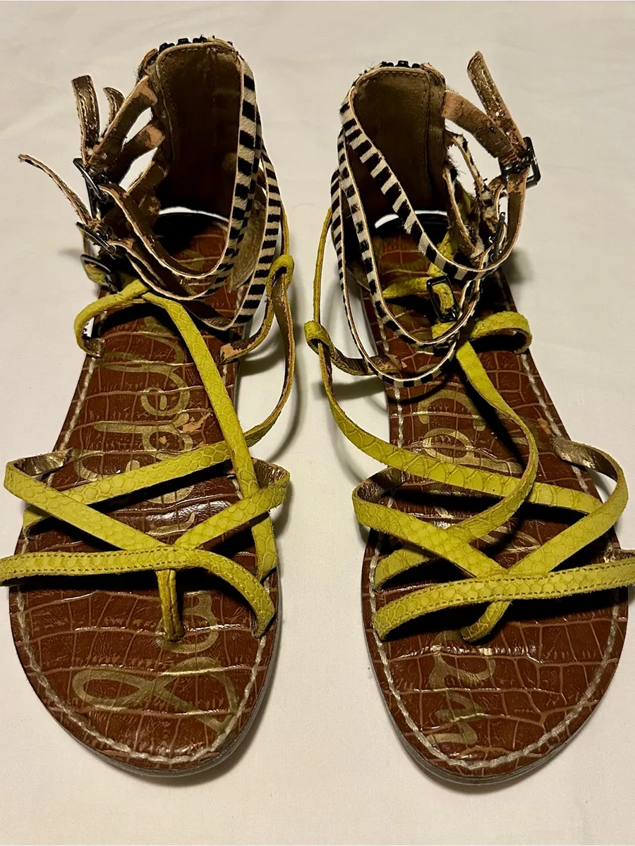 SAM EDELMAN Gable Gladiator Sandals Yellow w/Zebra-Accent Size 6.5