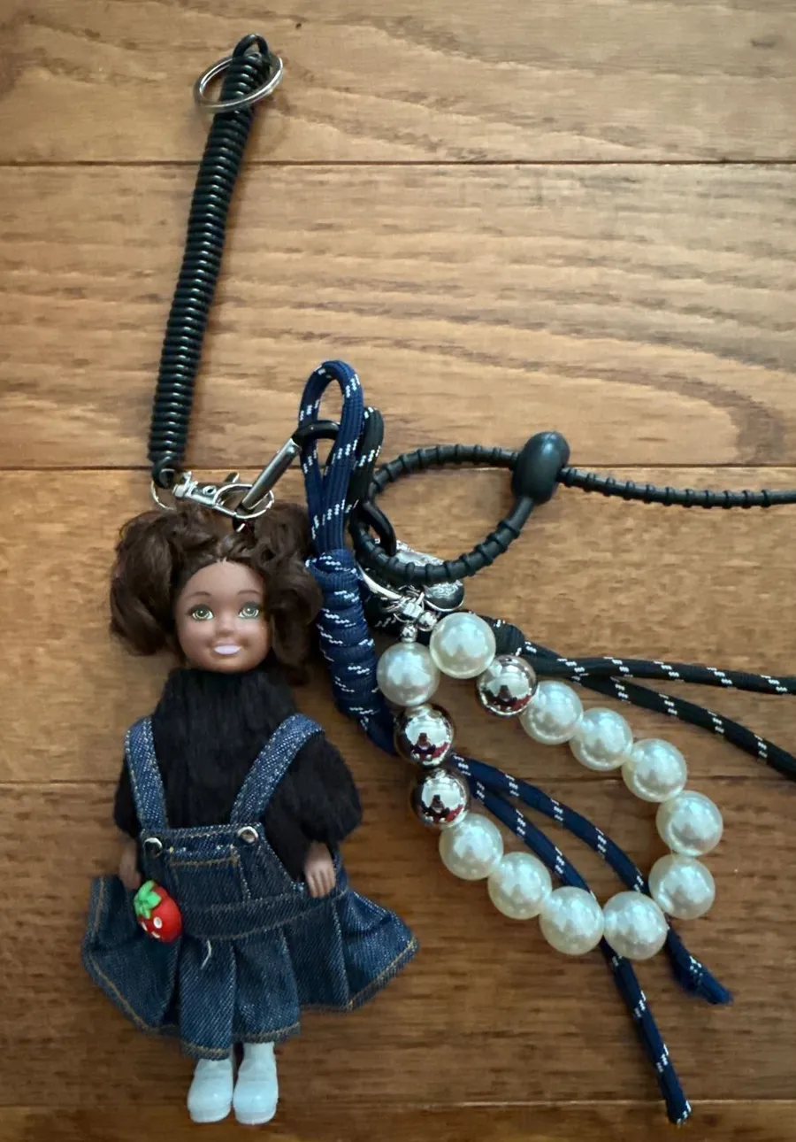 Mezzo Piano Doll Keychain Denim Jumper Strawberry Beaded Charm Harajuku Y2K Blue