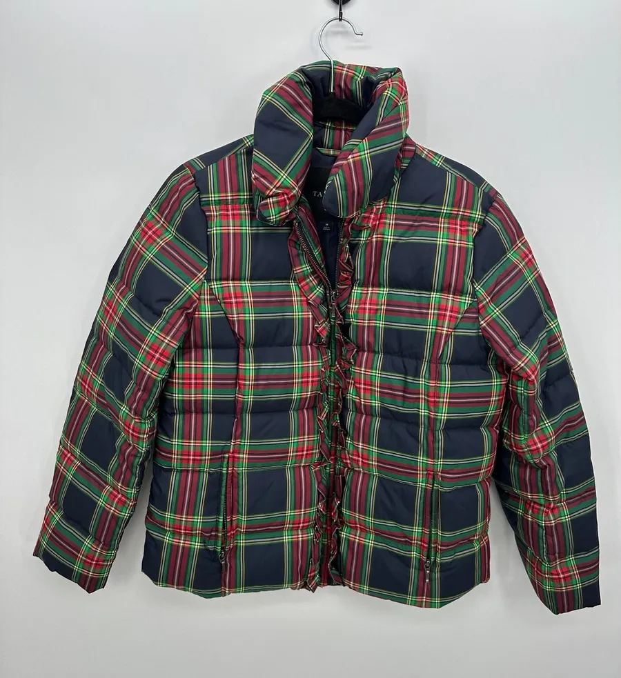 Talbots Womens Plaid Puffer Jacket Red Green Tartan Ruffle Trim Down Fill Sz M