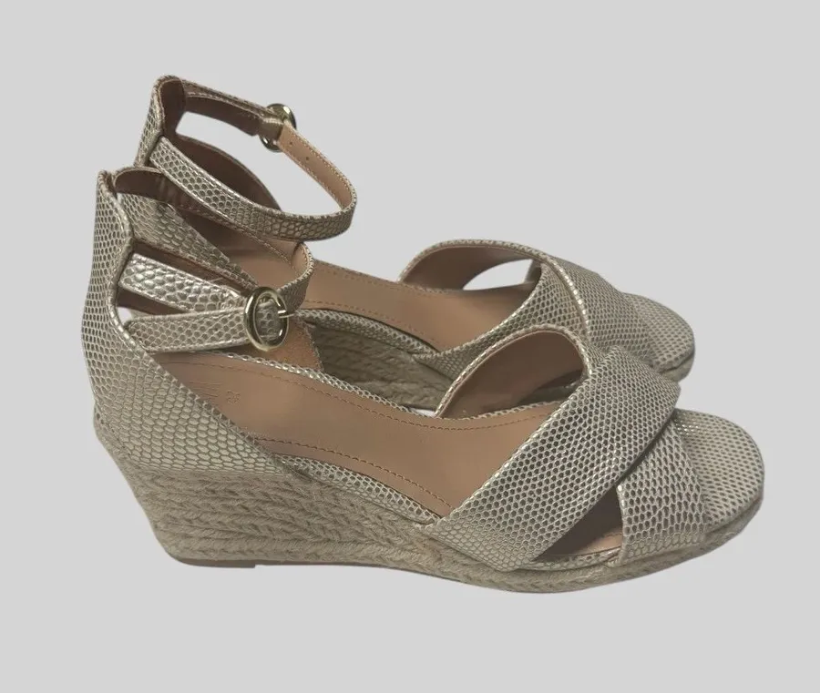 H&M Metallic Gold Wedge Espadrille Sandals with Ankle Strap