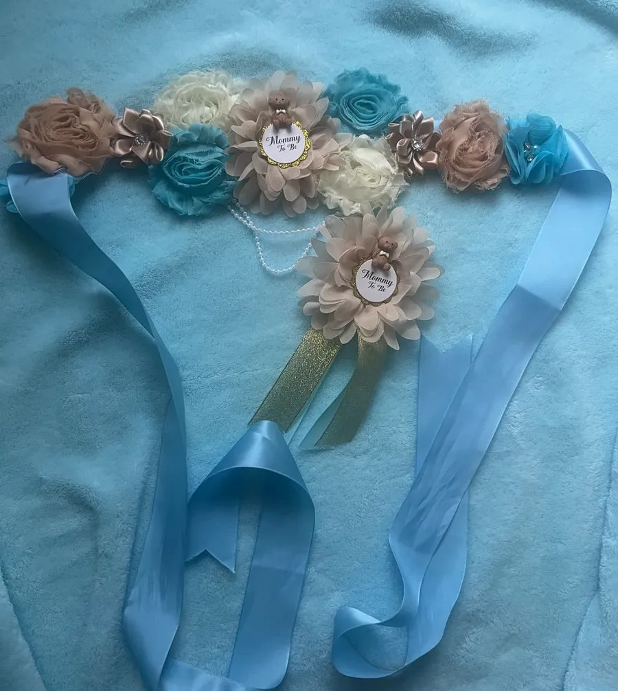 Floral Maternity Sash Belt and brooch in Blue, Cream & Tan Blue