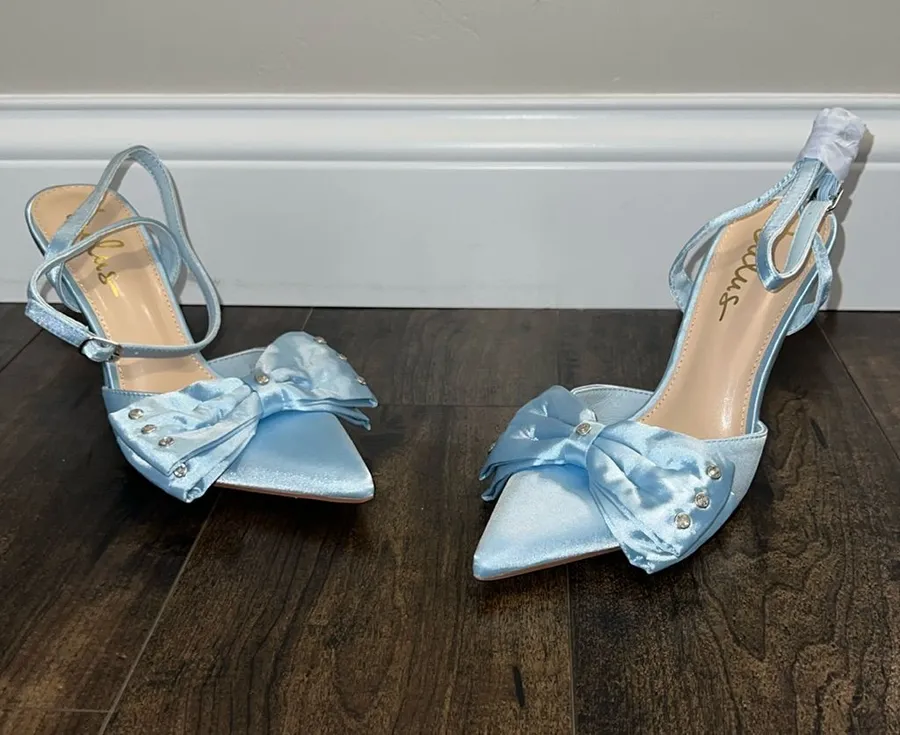 NWOT Lulus Light Blue Satin Rhinestone Bow Stiletto Heels
