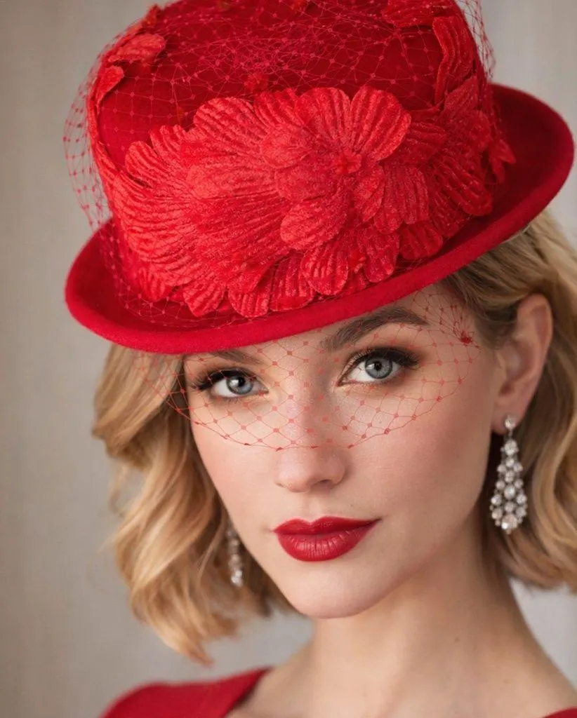 Elegant Red Floral Hat vintage brand August made in the USA wool Kentucky, Derby