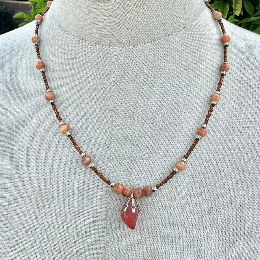 Carnelian Orange beaded pendant necklace Orange