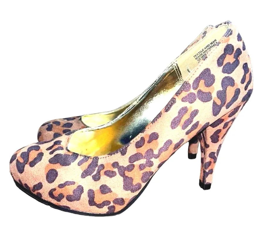 Attention Womens Leopard Print Almond Toe Pumps High Heel Shoes Tan Black Brown