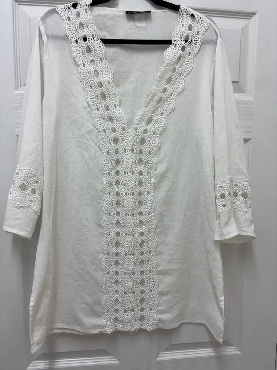 La Blanca White Island Fare Crochet Trim Tunic Swimsuit Cover Up