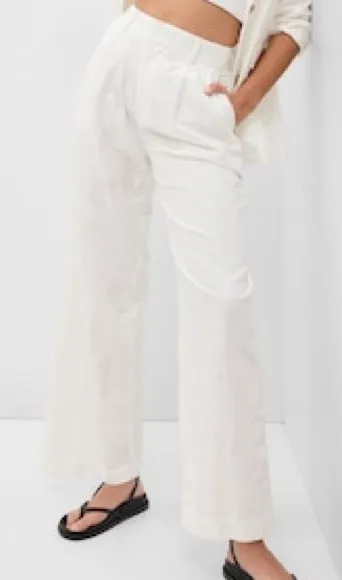 Gap Pleated Linen Blend Wide Leg White Pants