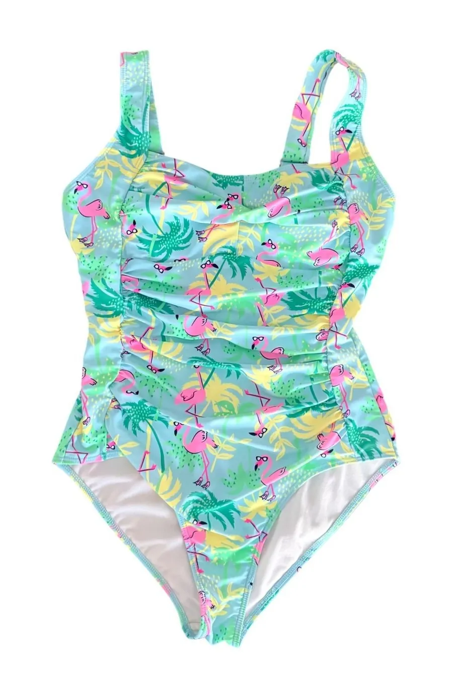 Berkley Jensen Womens Flamingo Palm Tree One Piece Ruched Swimsuit Blue Size M Size M