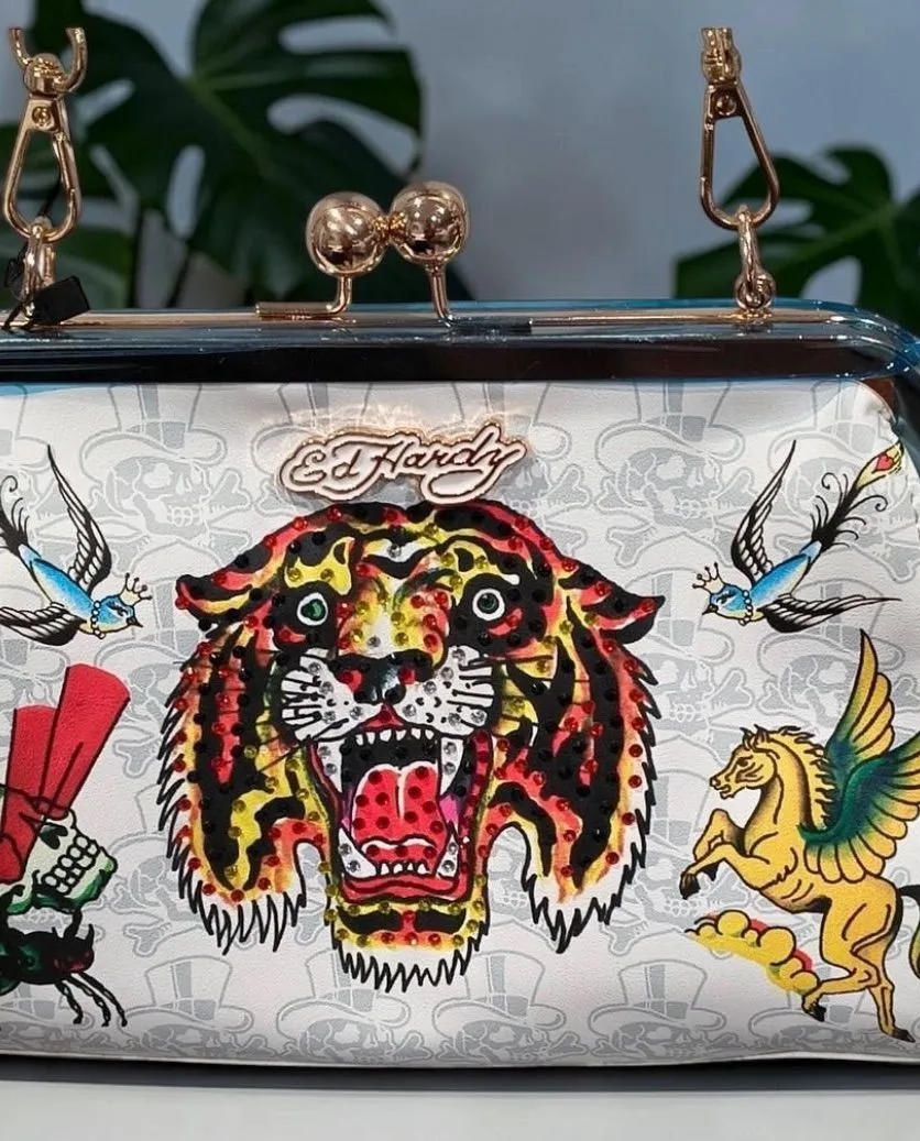 Ed Hardy Kisslock Shoulder Bag Clutch Tiger Skull Rhinestone Charm NWT White