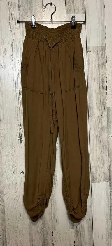 Cavalini Boho Smocked Waist Harem Jogger Pants Womens Small Brown Ruched Hems