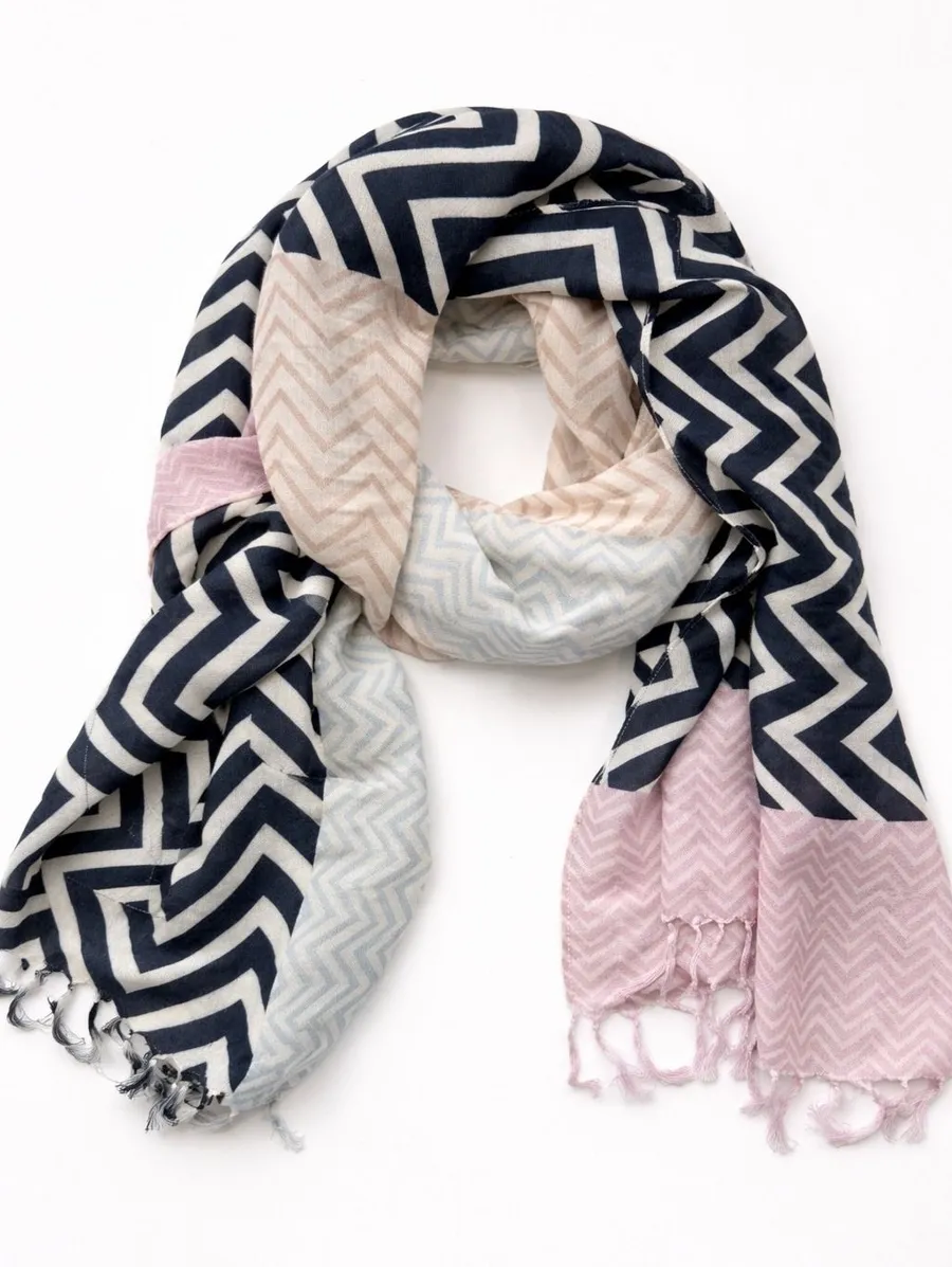 J. Crew Scarf Navy Pink Chevron Wool Blend Preppy Coastal Wrap Elevated basics