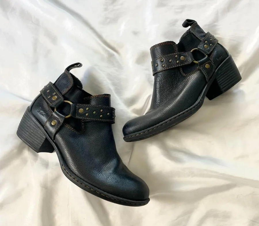 Boc Black Leather Harness Studded Western Biker Ankle Boots US 8