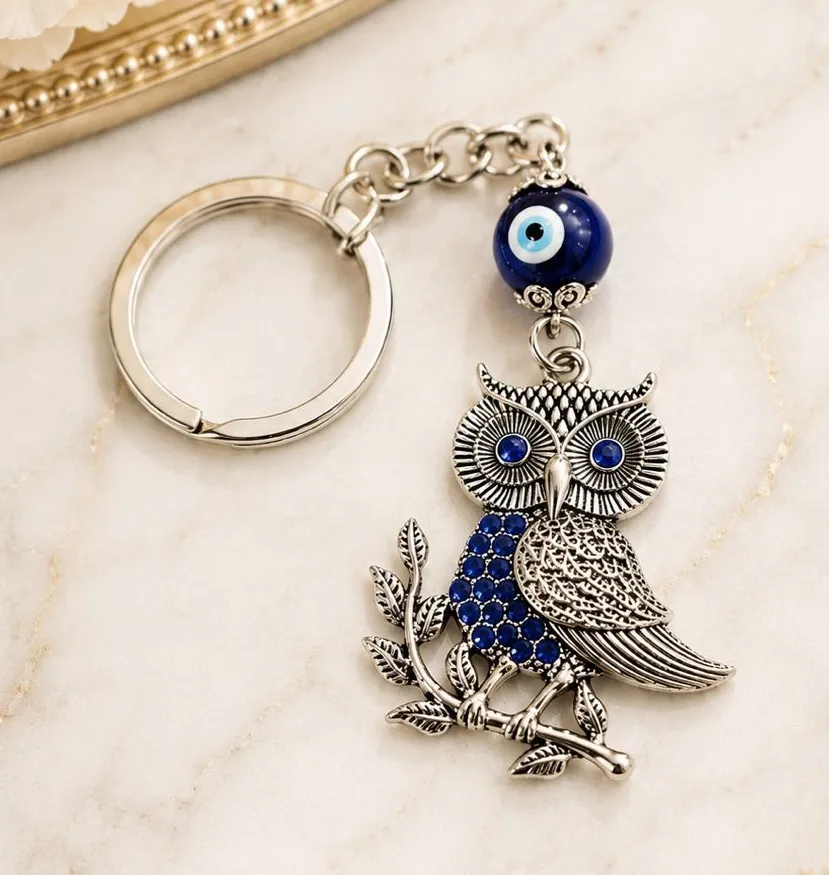 NEW Silver & Blue Owl Evil Eye Keychain Charm NWT