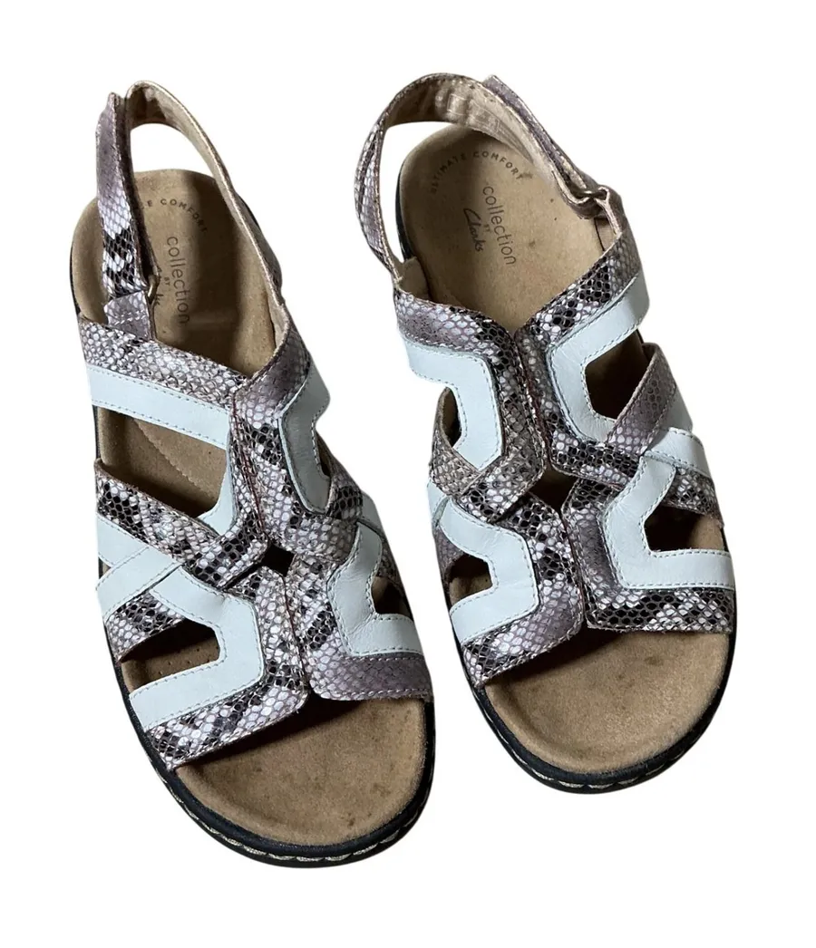 Clarks Snakeskin Wedge Sandals Womens 7 White Mauve Arla Glison Comfort Strappy