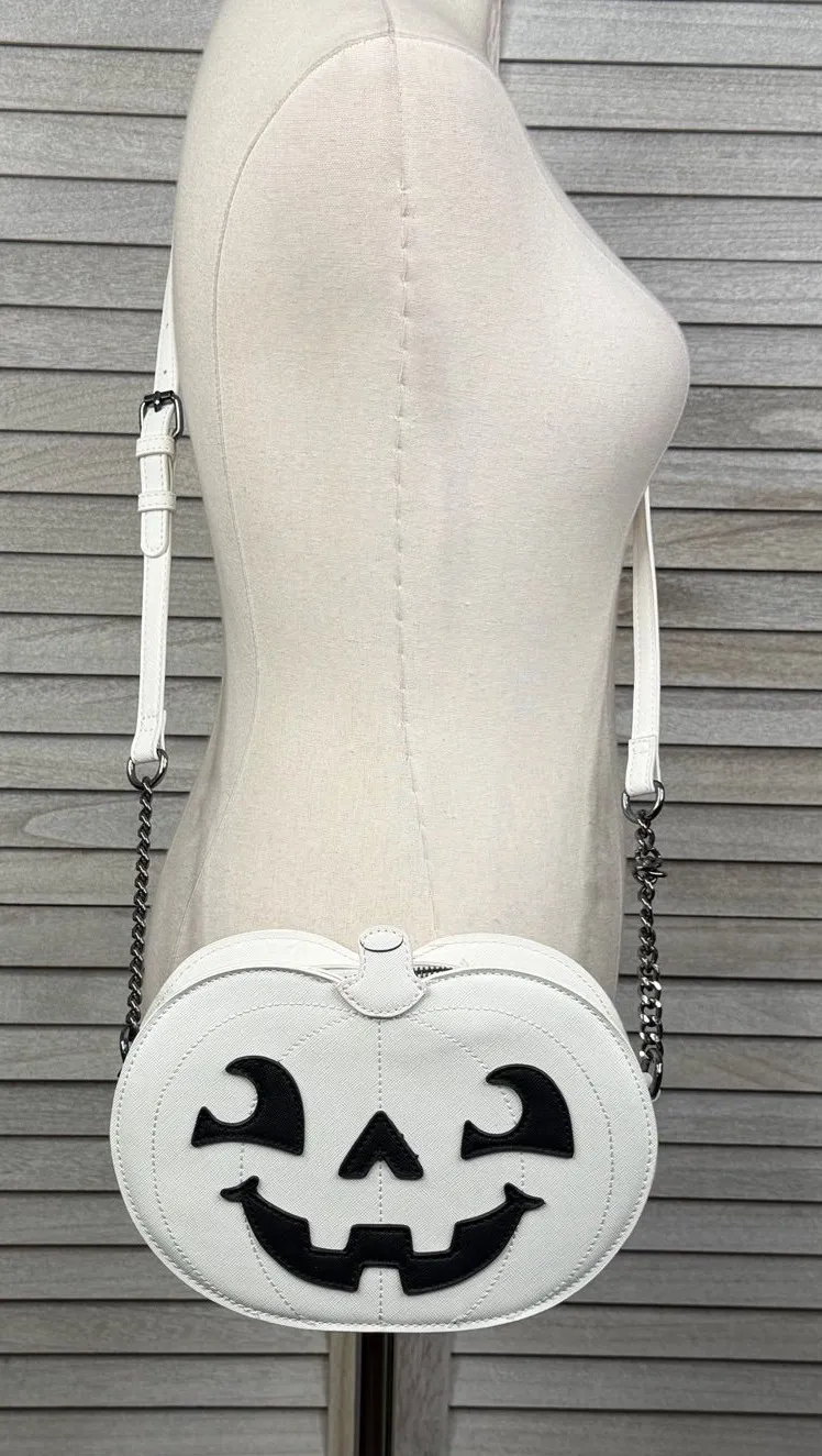 MAD ENGINE "Fine By Me" White Jack O' Lantern Halloween Pumpkin Crossbody Purse Black