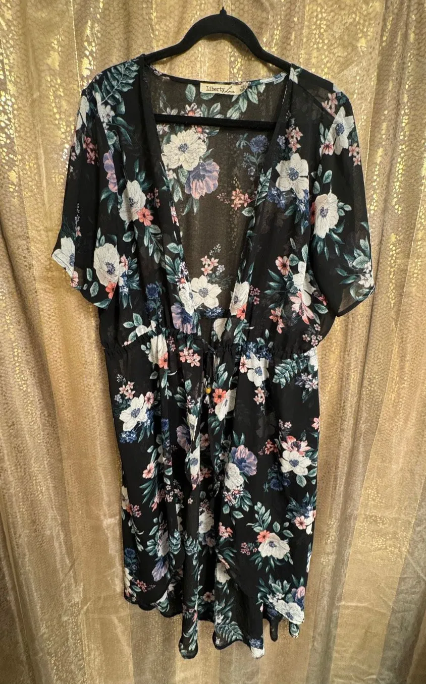 Liberty Love Black Floral Dogwood Sheer Swim Coverup Kimono 2XL