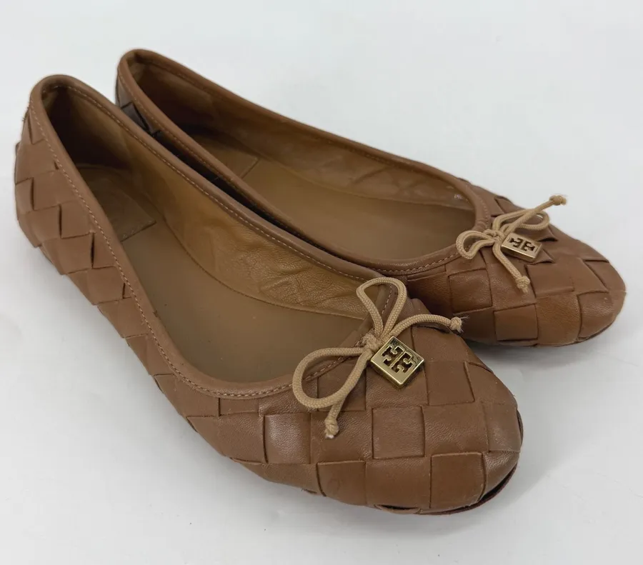 Tory Burch Carlyle Woven Leather Ballet Flats Brown Bow Logo Women's 7M