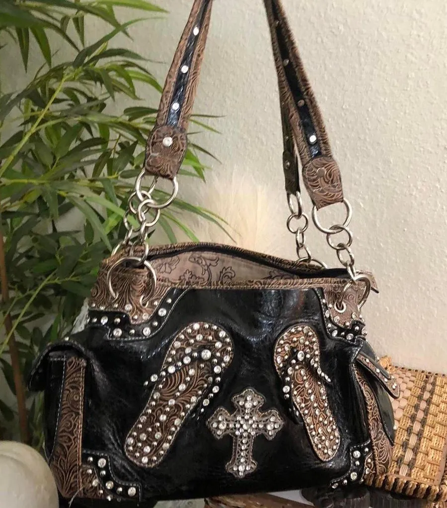 Y2K Whimsygoth grunge Black brown Leather western shoulder hand bag purse studded rhinestone bedazzled cross silver tone chains #boho #country #indie