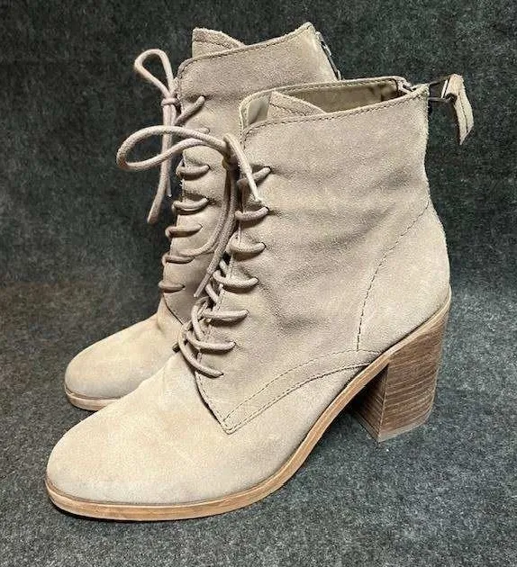 Dolce Vita Lace Up Heeled Ankle Boots Women's Taupe Suede Leather Stacked Heel Tan Size 7.5