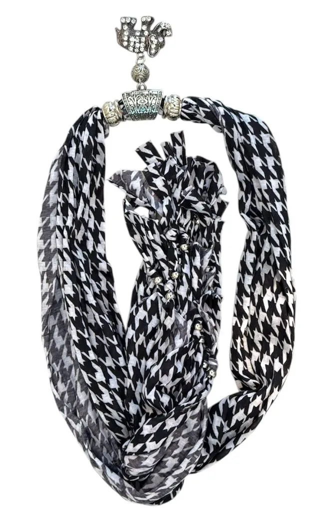 Black & White Houndstooth Scarf Silver Elephant Decorative Fringe