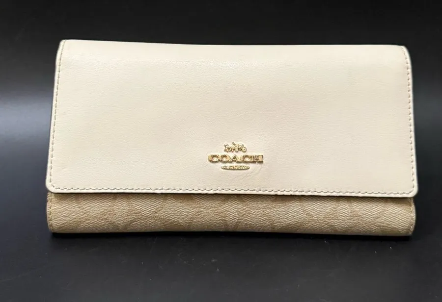 COACH Chalk/ Khaki Coated Signature Canvas Slim Trifold Wallet