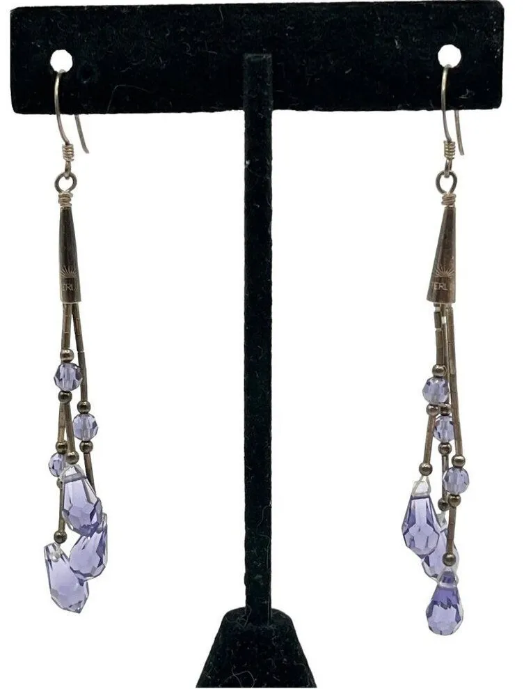 Handmade Chandelier Beaded Drop Earrings Purple Crystal Sterling Silver Hook