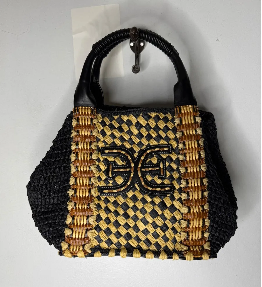 Sam Edelman Woven Straw Tote Bag Black Tan Brown Logo Handbag Summer Boho