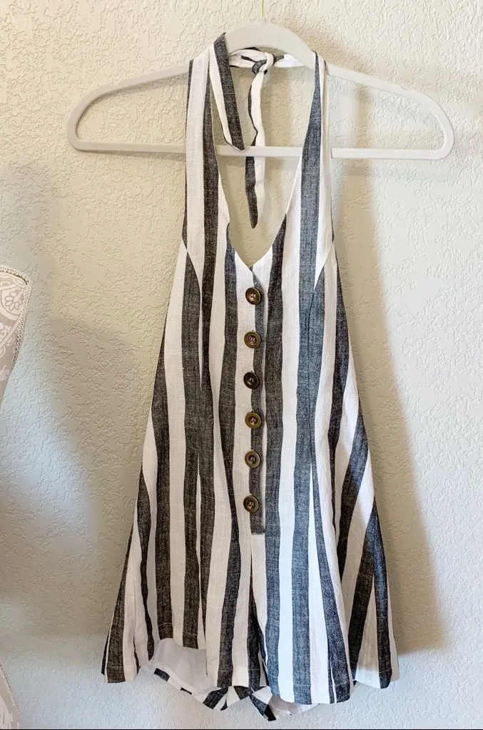 NWT Striped Button Halter Romper
