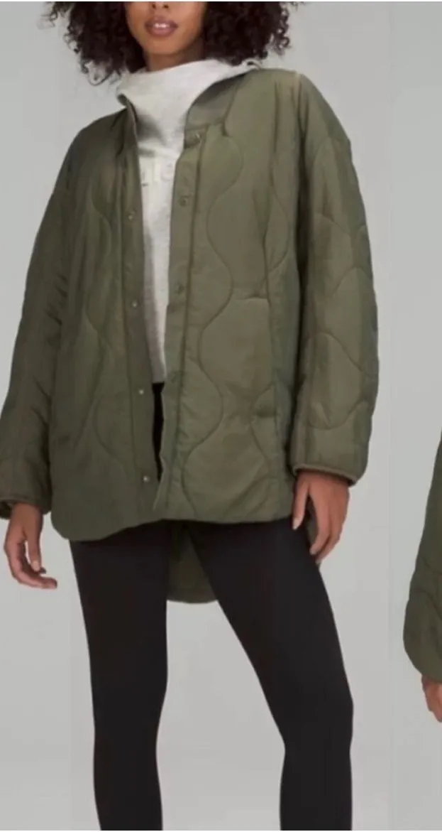 Lululemon Insulated Quilted Jacket Army Green Primaloft Snap Front Size 2
