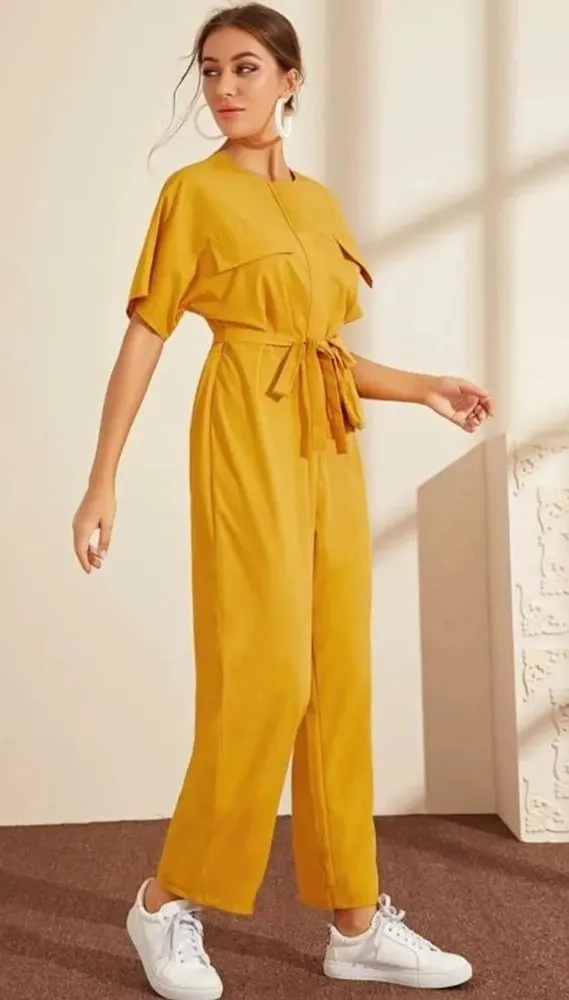 ASOS Mustard Yellow Utility Jumpsuit Wide Leg Belted Waist Size L NWT