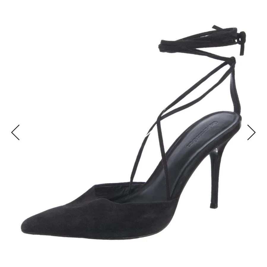 Reformation Black Suede Pointed Toe Lace Up Ankle Wrap Stiletto Pumps Heels 7.5