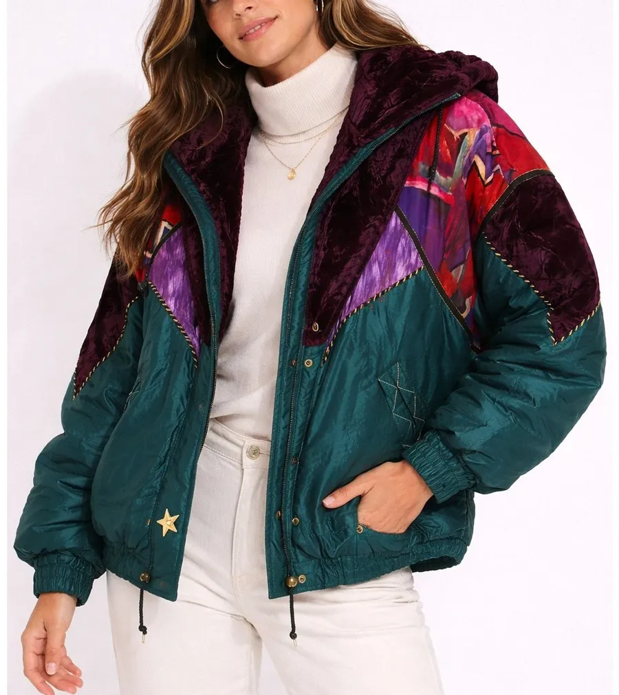 Vintage 90s Mulberry Street Patchwork Puffer Jacket L Green Y2K Retro Indie Art Size L