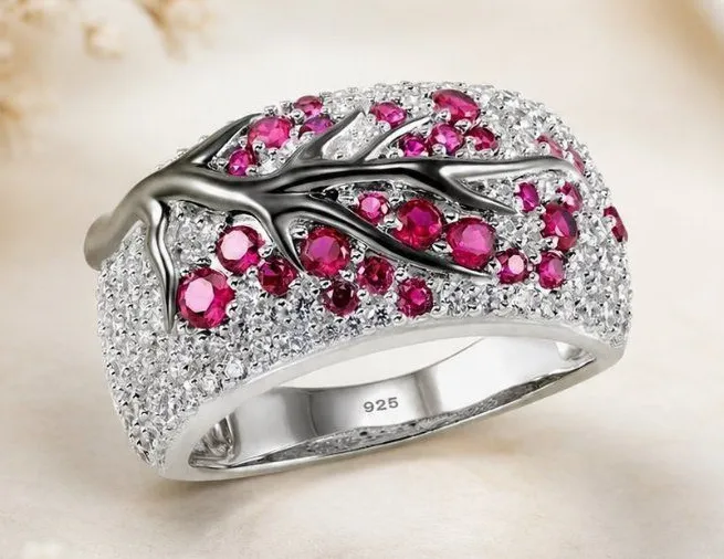 Pink Crystal Vine Branch Statement Ring Silver Tone Micro Pave Glam SZ5 NWT