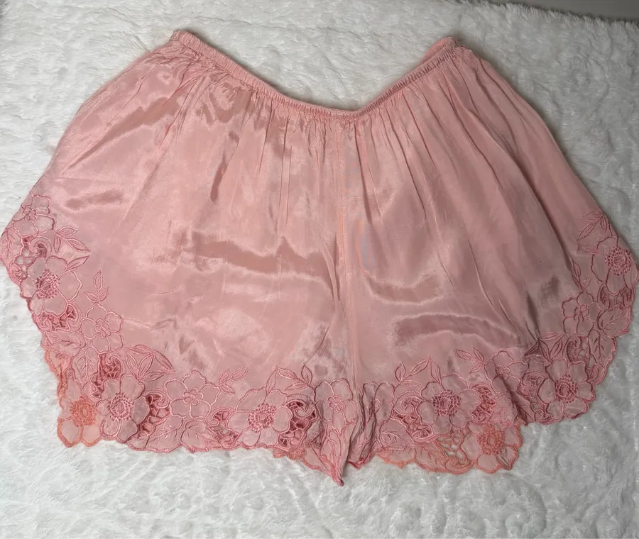 Free People “Bali Little Dreamer” Embroidered Satin Shorts —Small