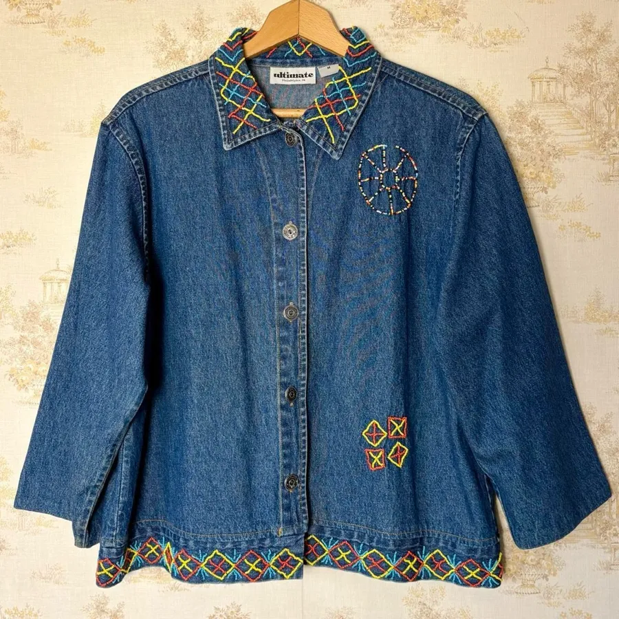 90s Vintage Wearable Art Beaded Denim Jacket Miss Frizzle Maximalist Boho M Blue Size M