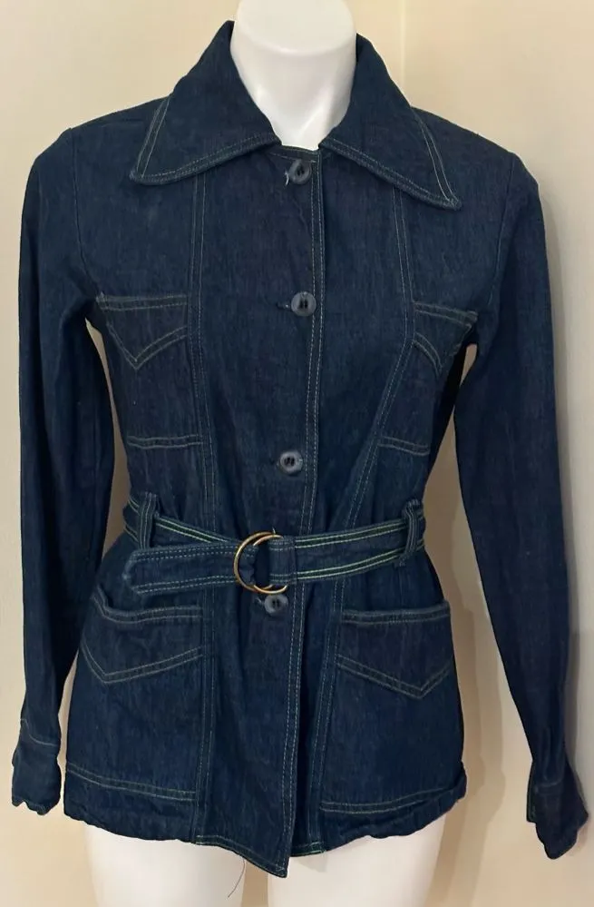 No Tag Denim Tie Blue Jean Jacket With Yellow Thread Collar Button Down Sz 9/10.