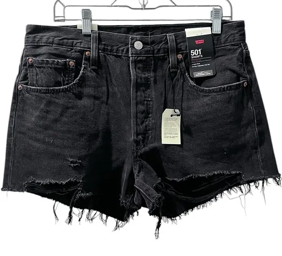 Levi Strauss 501 NWT Black Cut Off Denim Jean Shorts Size 32 Distressed Casual