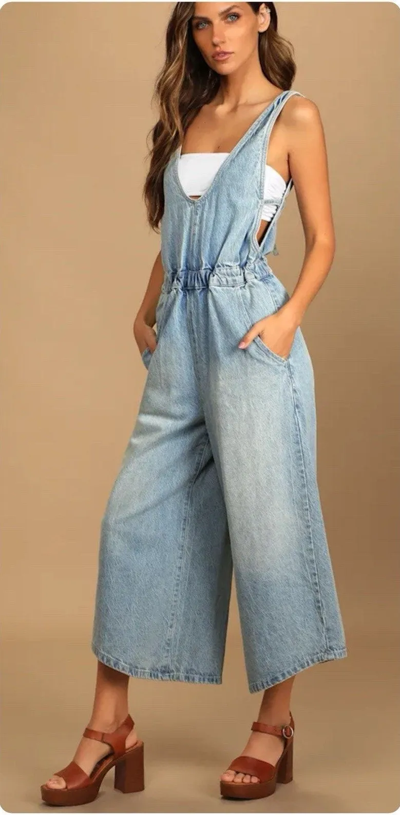FREE PEOPLE Alora Denim Wide Leg Culotte Tieback Jumpsuit Light Wash Size XS