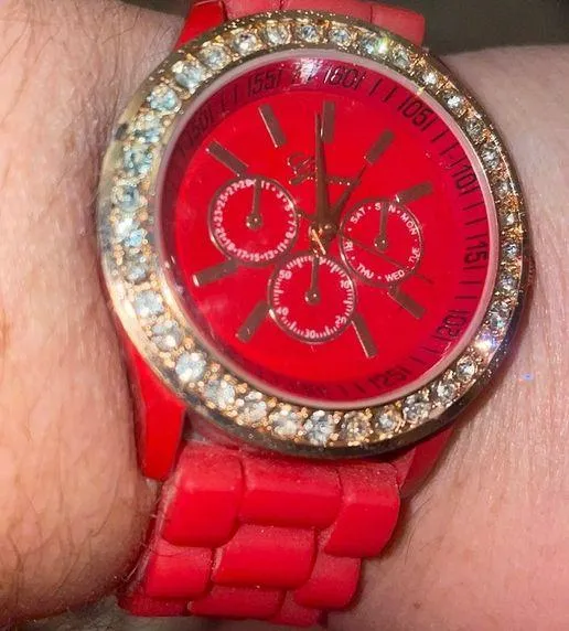 New red crystal watch round face silicone band Geneva
