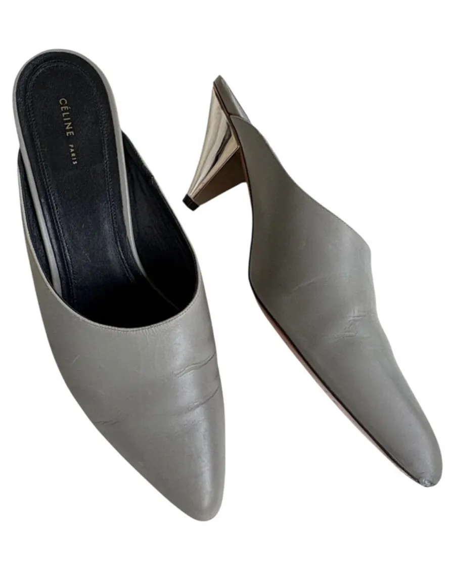Celine Paris Leather Cone Heel Mules Grey Phoebe Philo Era Size 9