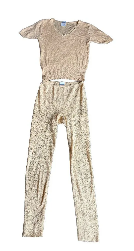 Damart Thermolactyl Tan Pointelle Knit Thermal Top Set Long Johns Vintage Medium