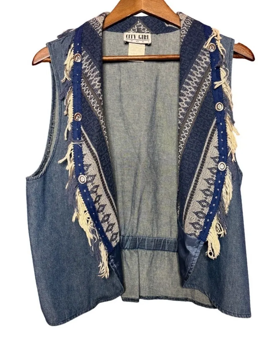 Vintage City Girl Sport Women 8 Shawl Collar Knit Fringe Blue Open Front Vest Size M