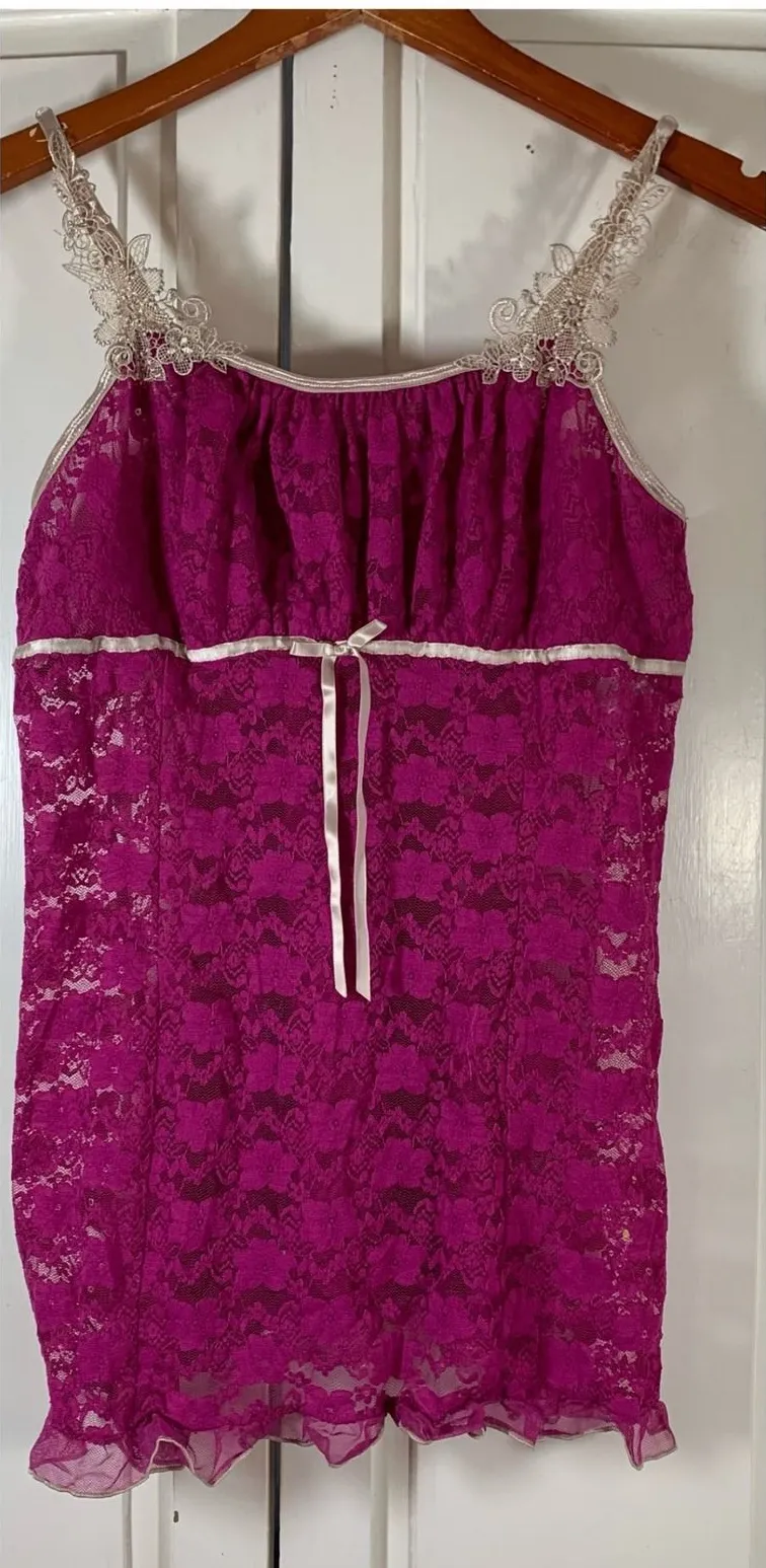 Linea Donatella Magenta Floral Lace Chemise Babydoll Top Womens Large Coquette