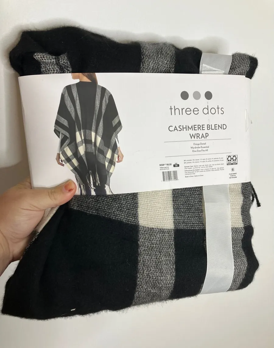 Three Dots Cashmere Blend Wrap Women OS Black Erin Plaid NWT Fringe Poncho Shawl