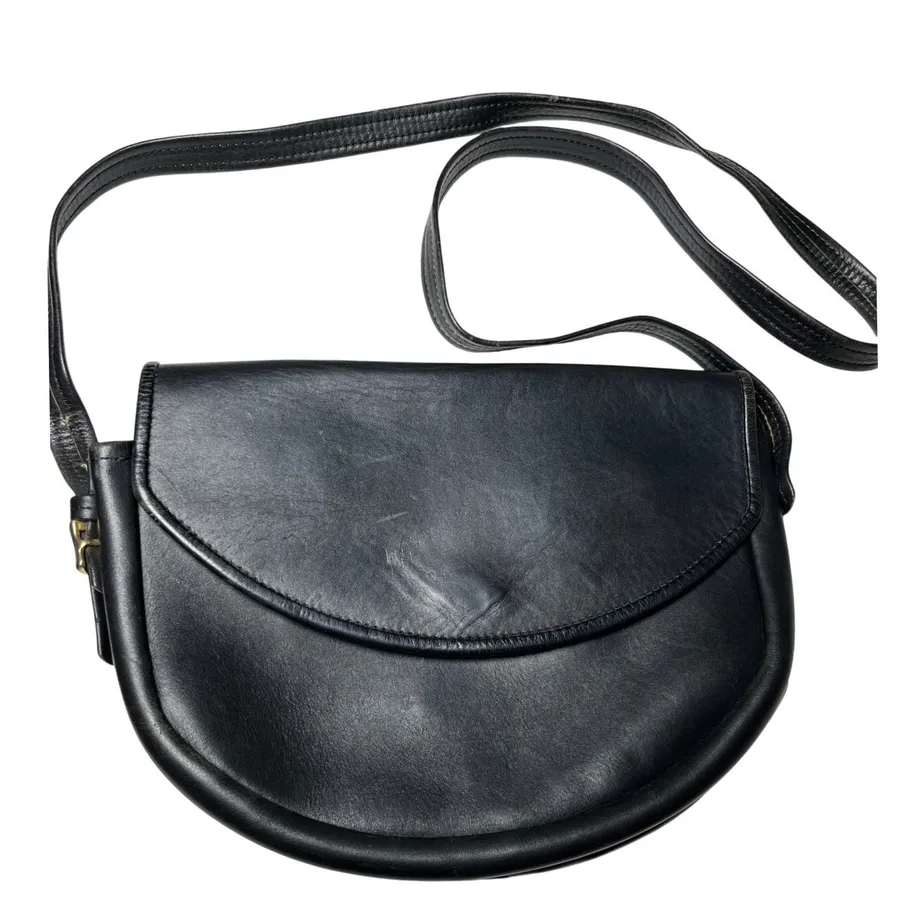 Vintage Black Leather Saddle Crossbody Bag Minimalist 90s Brass Hardware Black