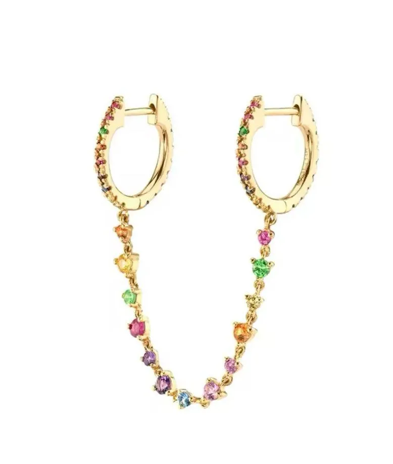 14K Gold Filled Colorful Zircon Dangle Hoop Earring. Pink